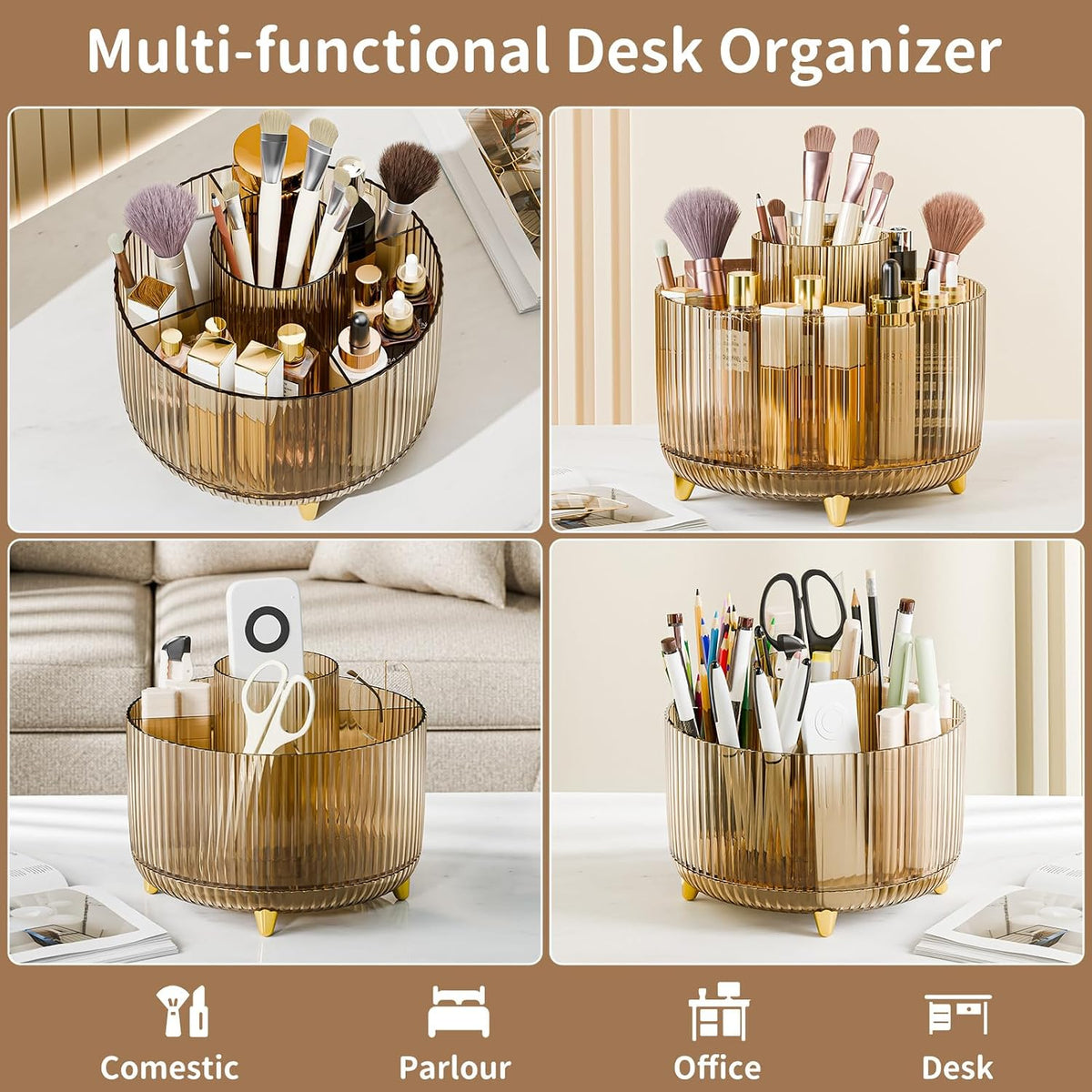 fanado 360° Rotate Makeup Brush Holder Organizer, Makeup Organizers Countertop, Makeup organization and Skincare Storage for Vanity, Desktop, Bathroom (Clear Amber)