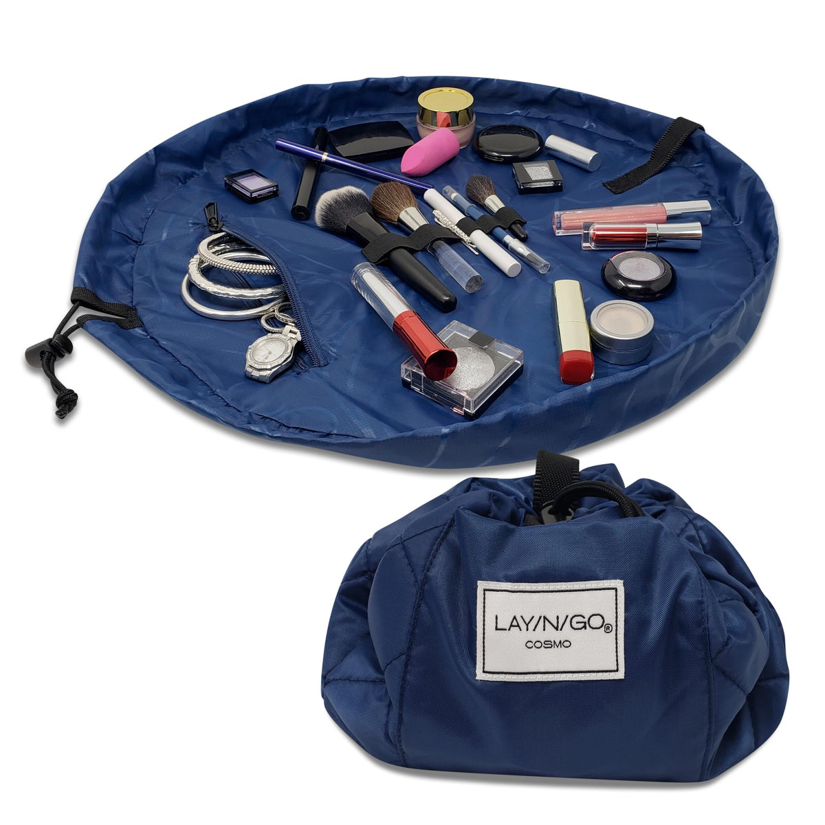 Lay-n-Go Cosmo Layflat Drawstring Cosmetic & Makeup Bag Organizer w/Zipper Pocket, Brush Loops & More, Cinch to Close, Lay Flat to Use, Durable, Machine Wash, Travel Toiletry Bag (20", Dogs)