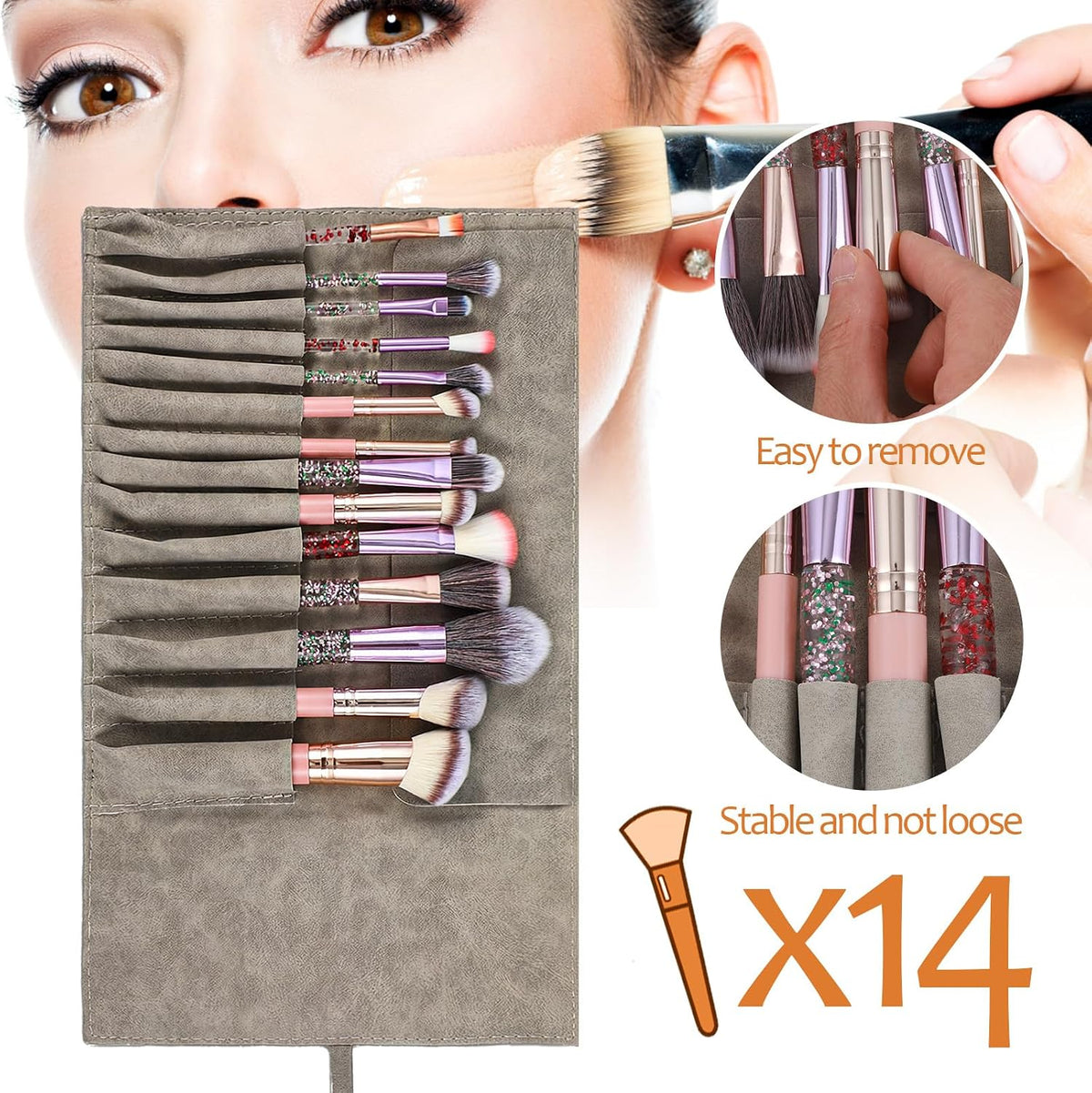 Xinjoduz 1 PCS Makeup Brush Holder Organizer, PU Leather Travel Makeup Brush Pouch Case Roll Up Cosmetic Bags for Women Cosmetic Brushes Make Up Artist - Brushes Not included (Gray)