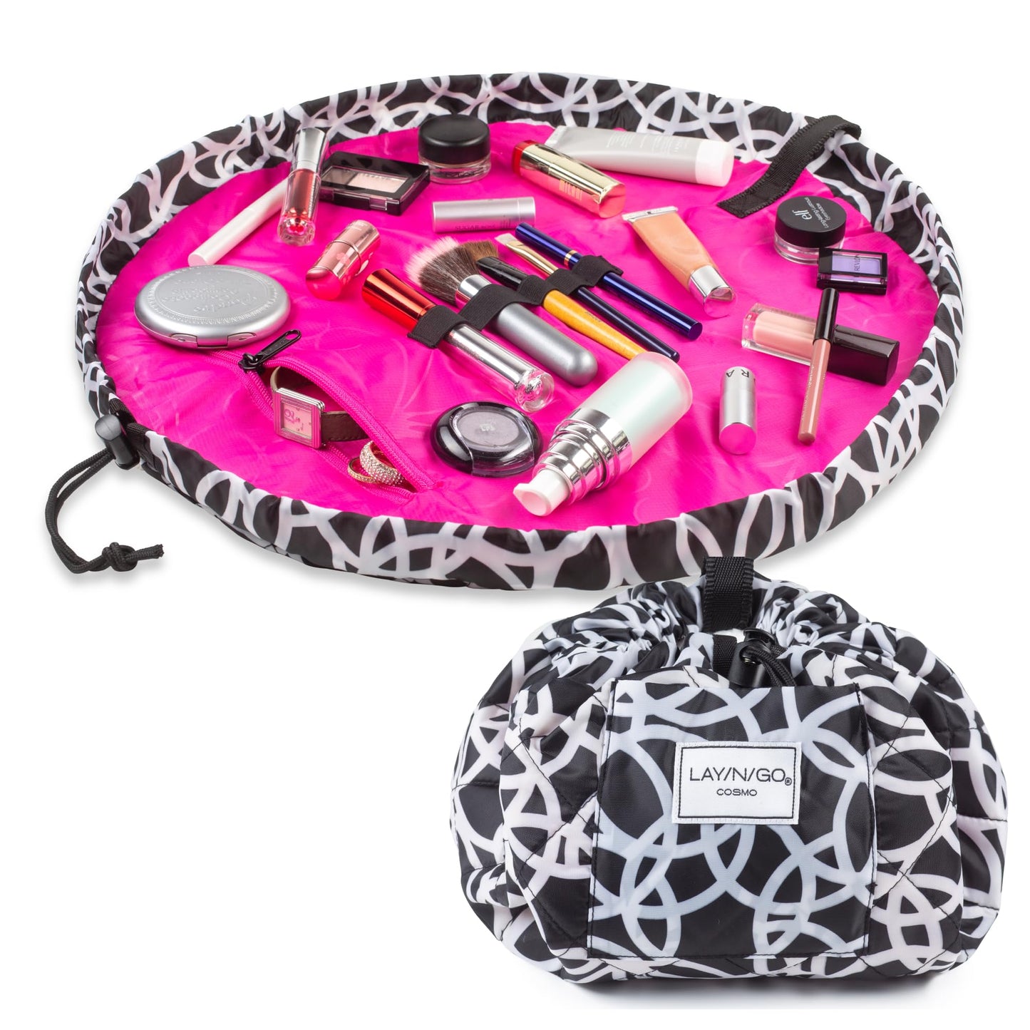 Lay-n-Go Cosmo Layflat Drawstring Cosmetic & Makeup Bag Organizer w/Zipper Pocket, Brush Loops & More, Cinch to Close, Lay Flat to Use, Durable, Machine Wash, Travel Toiletry Bag (20", Dogs)