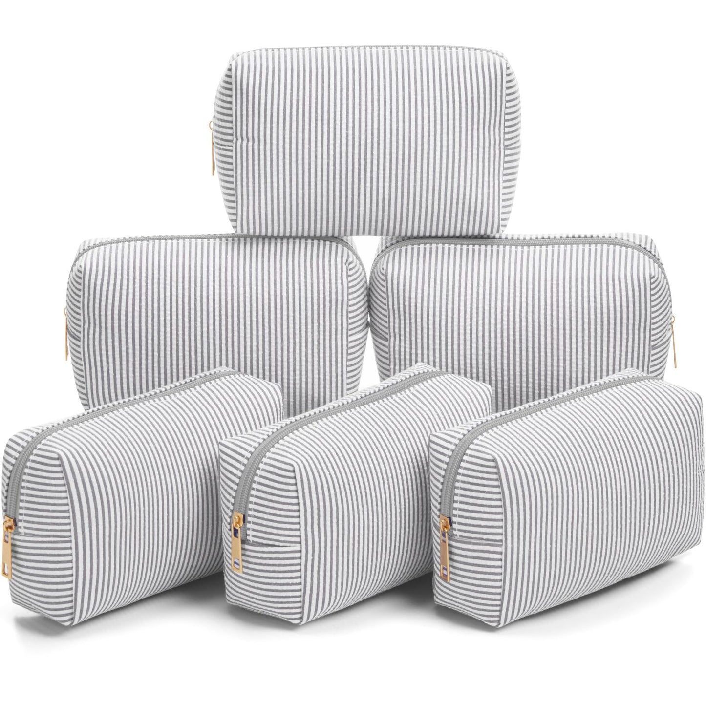 Sanwuta 6 Pcs Seersucker Cosmetic Bags Bulk, Striped Zippered,Khaki