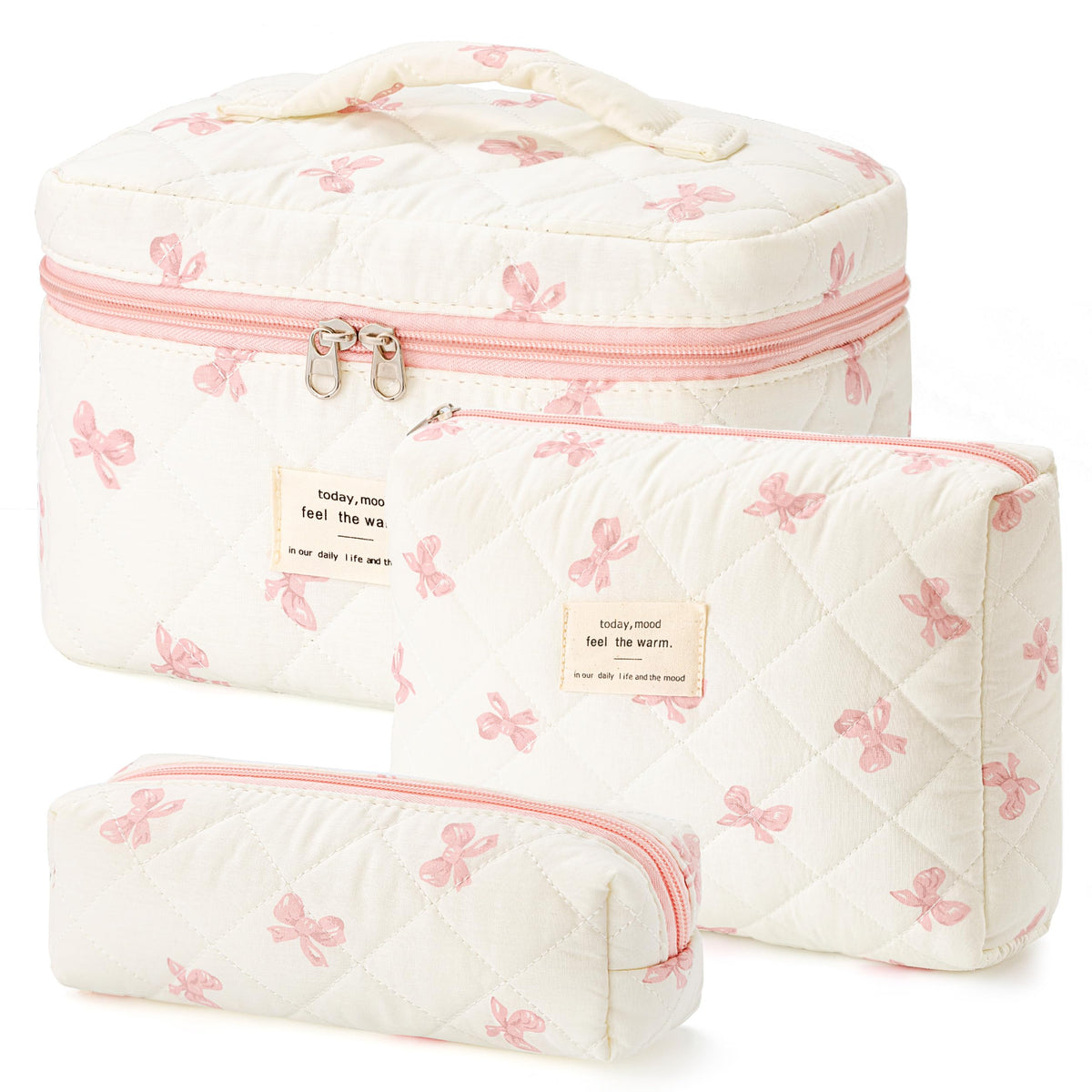 HBselect Quilted Makeup Bag, 3Pcs Cotton Large Travel Makeup Bags Organizer