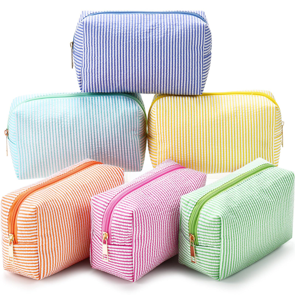 Sanwuta 6 Pcs Seersucker Cosmetic Bags Bulk, Striped Zippered,Khaki