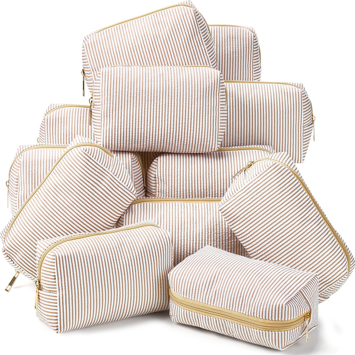 Sanwuta 6 Pcs Seersucker Cosmetic Bags Bulk, Striped Zippered,Khaki