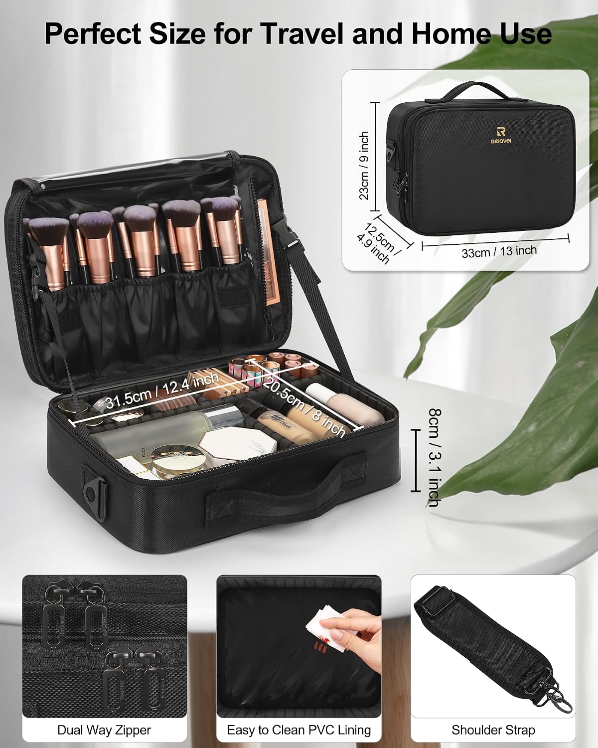 Relavel Makeup Bag Travel Train Case Cosmetic Organizer with Divider, Black