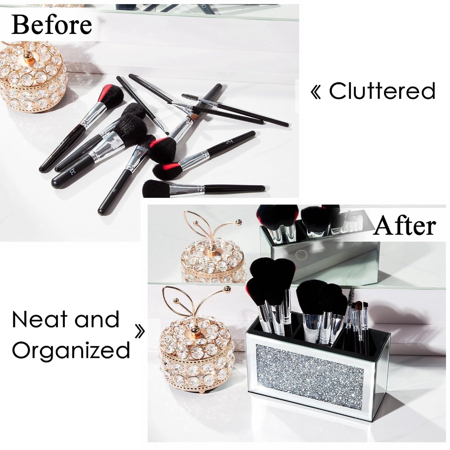 SHYFOY Mirrored Makeup Brush Holder Organizer with Crushed Diamond, 3 Slots
