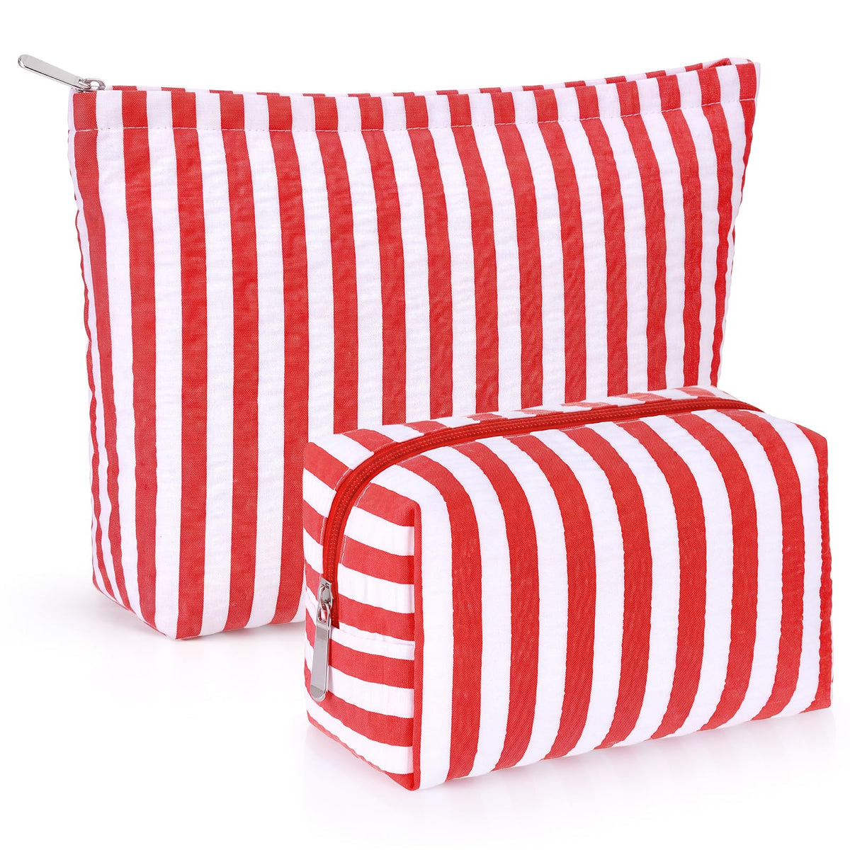 Huhumy 2 Pcs Makeup Bag Set for Women, Khaki, Thin Striped Seersucker