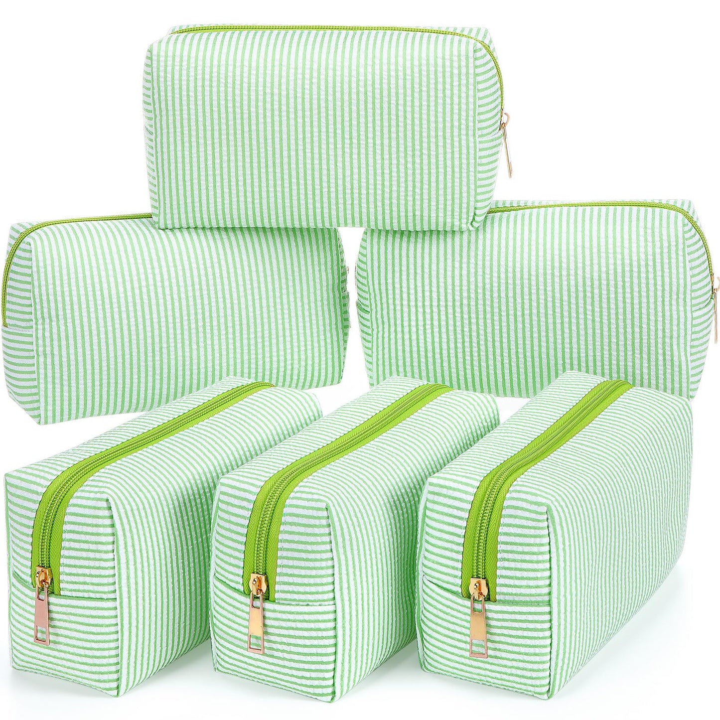 Sanwuta 6 Pcs Seersucker Cosmetic Bags Bulk, Striped Zippered,Khaki