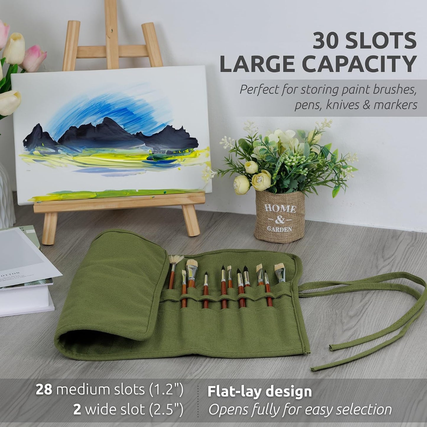 DUGATO 30-Slot Roll-Up Canvas Brush Holder, Army Green