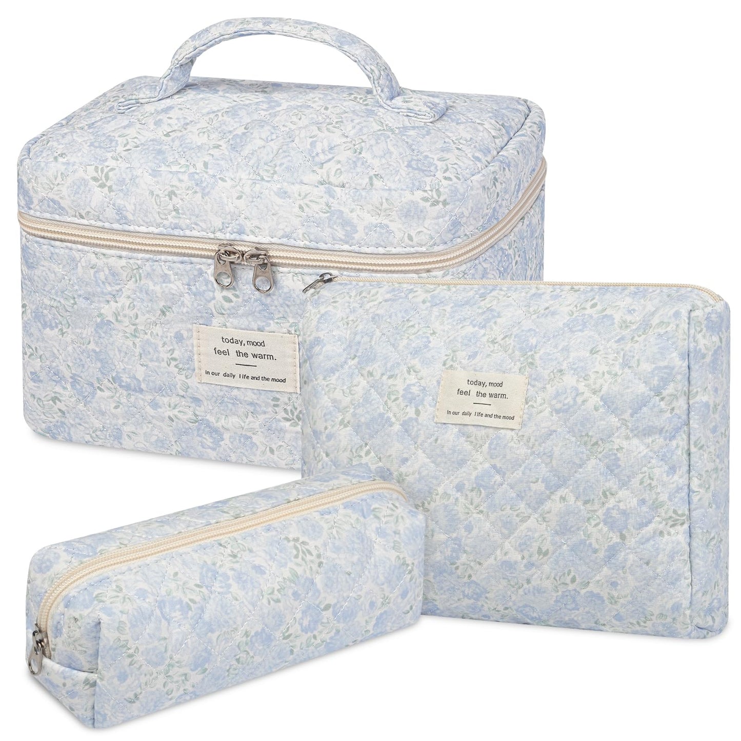 senbowe Floral Makeup Bag, 3 Pack Large Cotton Quilted Makeup Bag Set, Cute Floral Coquette Aesthetic Toiletry Bag Make Up Cosmetic Bag for Women, Toiletry Travel Make Up Organizer Bag