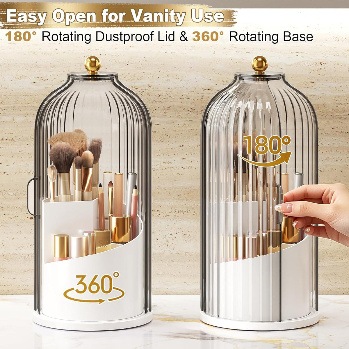 Covered Makeup Brush Holder with Sliding Lid,360° Rotating Makeup Organizer