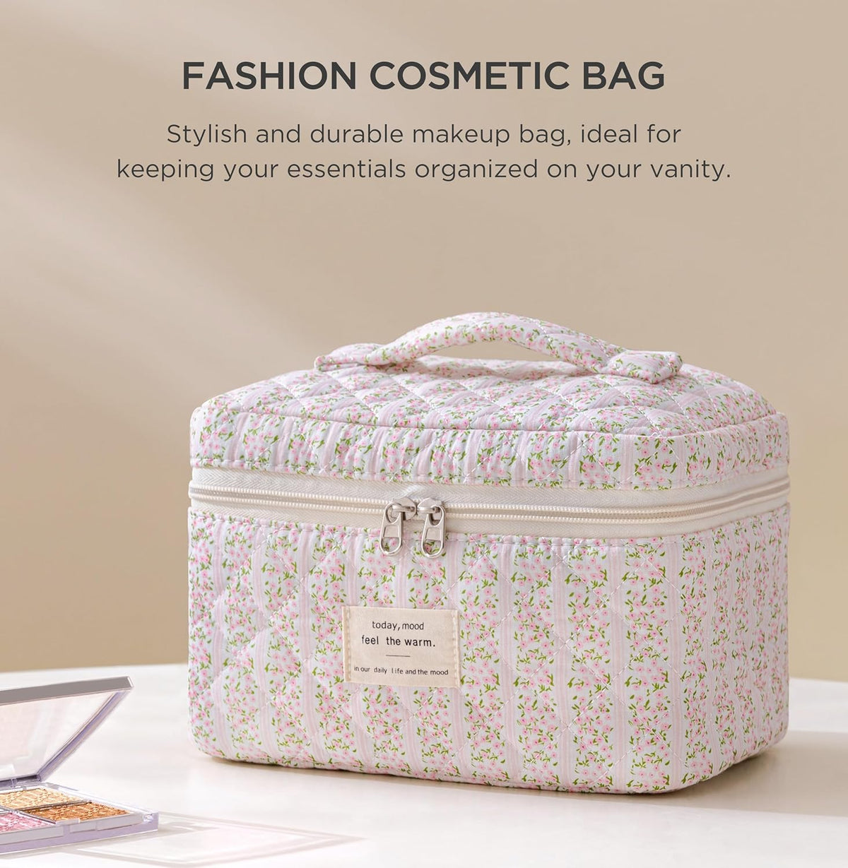 HBselect Large Quilted Makeup Bag for Women Cute Cotton Travel Cosmetic Bag | Floral Coquette Aesthetic Toiletry Organizer Bag with Handle, Portable Multifunctional Makeup Bag, Gifts for Bridesmaids