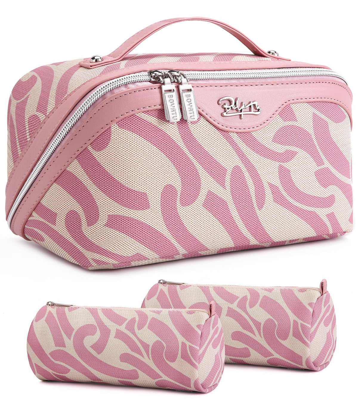 BOYATU Travel Makeup Bags Cosmetic Organizer Bag: Floral Make up Bag | 3 Pcs Set Large Capacity Makeup Bag with Compartments - Waterproof Leather Toiletry Bags with Handle for Women (Blue)