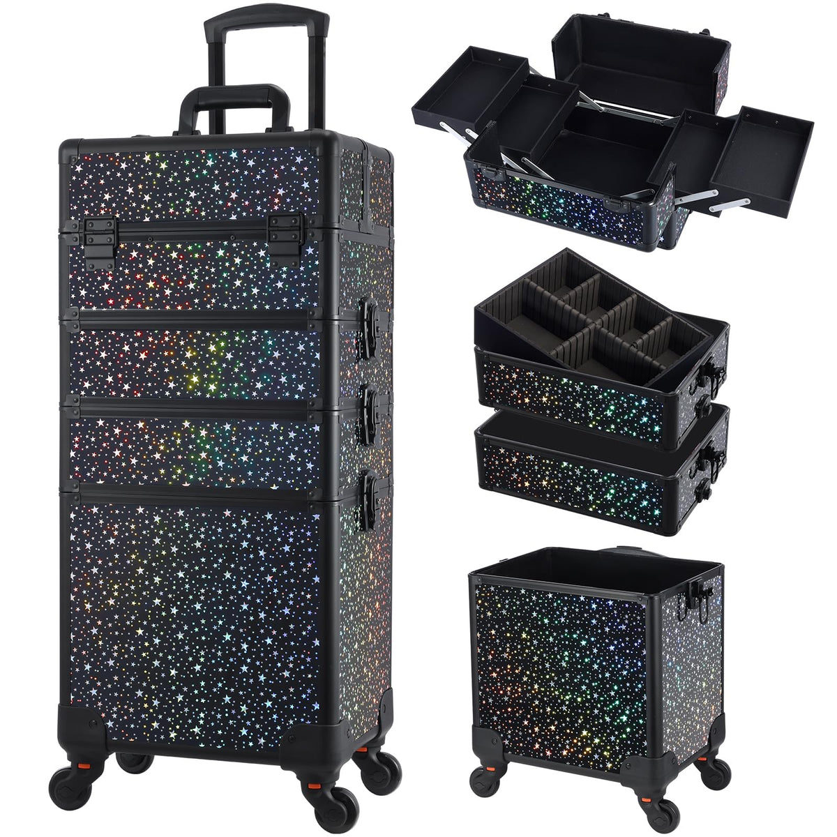 Stagiant Rolling Makeup Case Cosmetology Case on Wheels 4 in 1 Large Cosmetic Organizer Train Case Makeup Travel Case with Key Swivel Wheels Nail Artist Salon Storage Traveling Cart Trunk Black