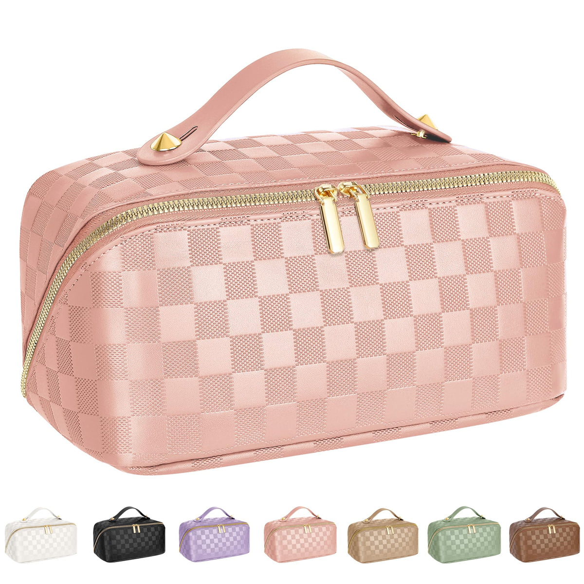 ALEXTINA Travel Makeup Bag, Large Capacity Cosmetic Bag for Women, Open Flat Make up Bag, Waterproof PU Leather Checkered Makeup Organizer Bag with Collapsible Handle,Toiletry Bag for Cosmetics, White