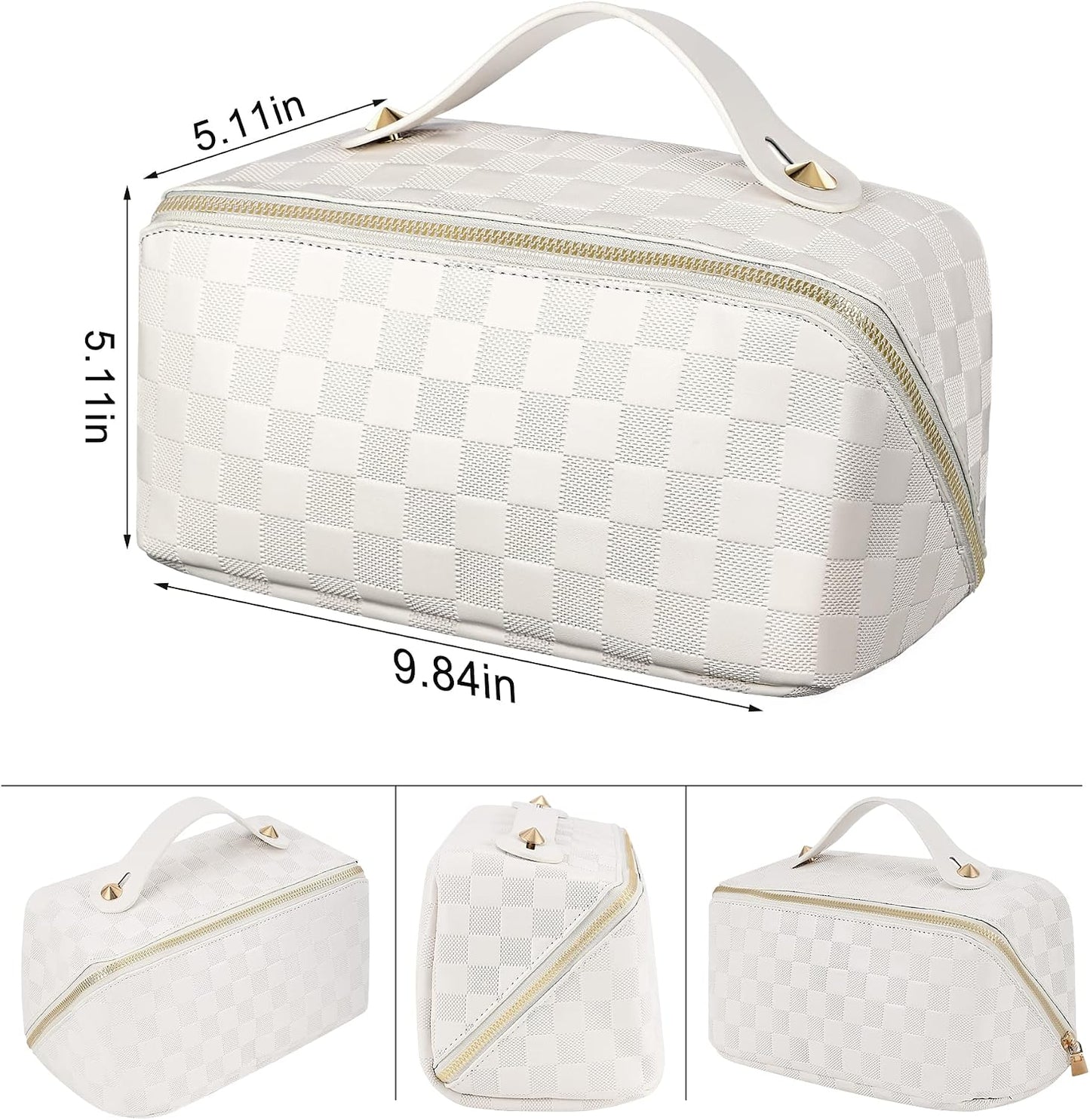 ALEXTINA Travel Makeup Bag, Large Capacity Cosmetic Bag for Women, Open Flat Make up Bag, Waterproof PU Leather Checkered Makeup Organizer Bag with Collapsible Handle,Toiletry Bag for Cosmetics, White