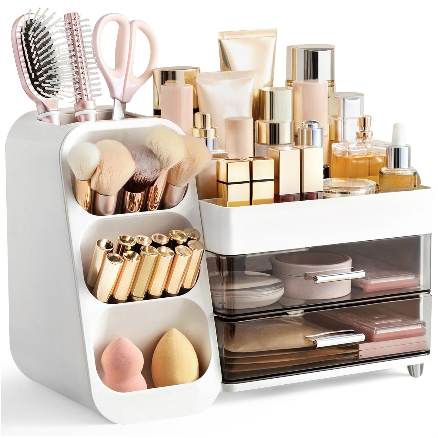 HBlife Makeup Organizer with Brush Holder for Vanity, Large Plastic Bathroom Countertop Organizer Skin Care Storage, Easy to Store Lipsticks, Nail Polishes, Perfumes, Eyeshadow Palettes, All White