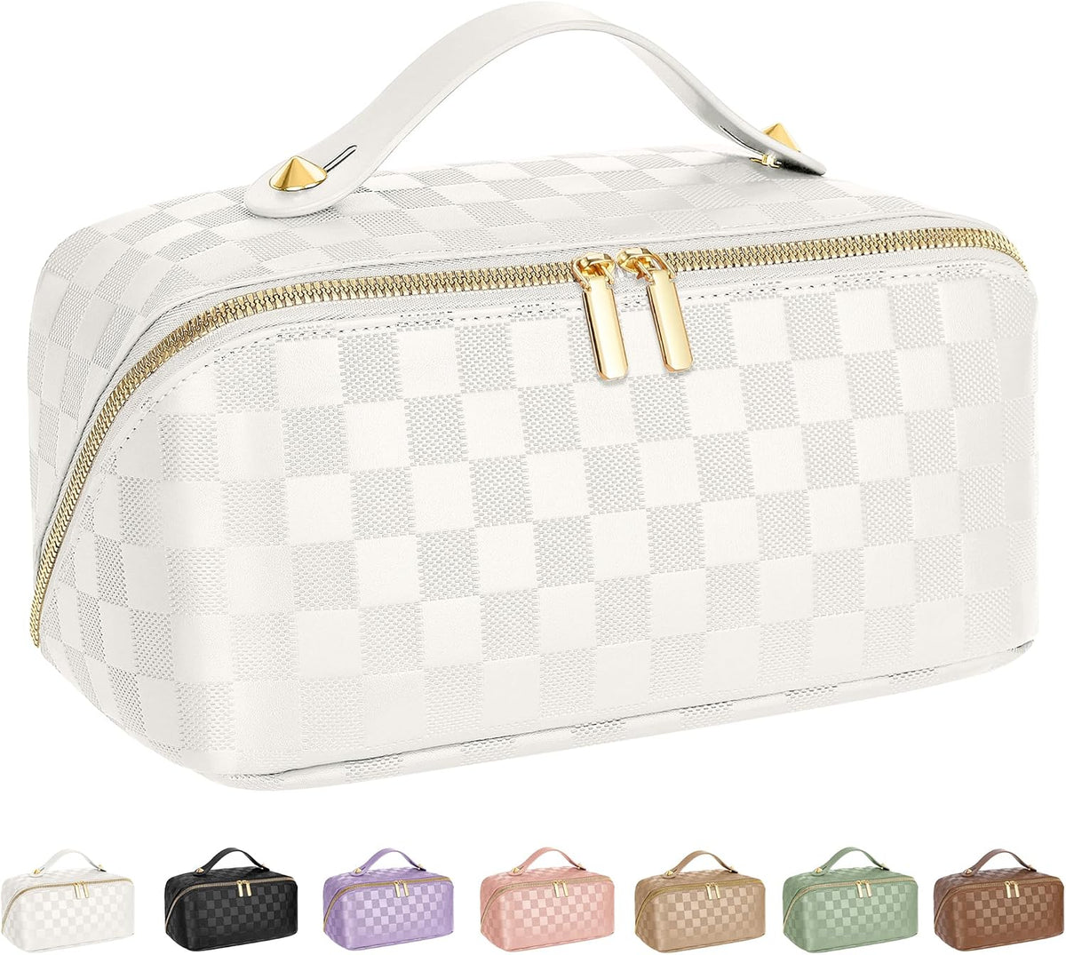 ALEXTINA Travel Makeup Bag, Large Capacity Cosmetic Bag for Women, Open Flat Make up Bag, Waterproof PU Leather Checkered Makeup Organizer Bag with Collapsible Handle,Toiletry Bag for Cosmetics, White
