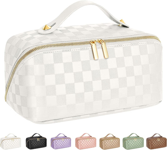 ALEXTINA Travel Makeup Bag, Large Capacity Cosmetic Bag for Women, Open Flat Make up Bag, Waterproof PU Leather Checkered Makeup Organizer Bag with Collapsible Handle,Toiletry Bag for Cosmetics, White