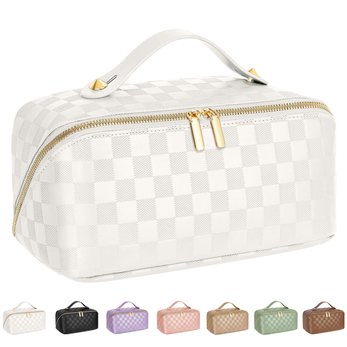 ALEXTINA Travel Makeup Bag, Large Capacity Cosmetic Bag for Women, Open Flat Make up Bag, Waterproof PU Leather Checkered Makeup Organizer Bag with Collapsible Handle,Toiletry Bag for Cosmetics, White
