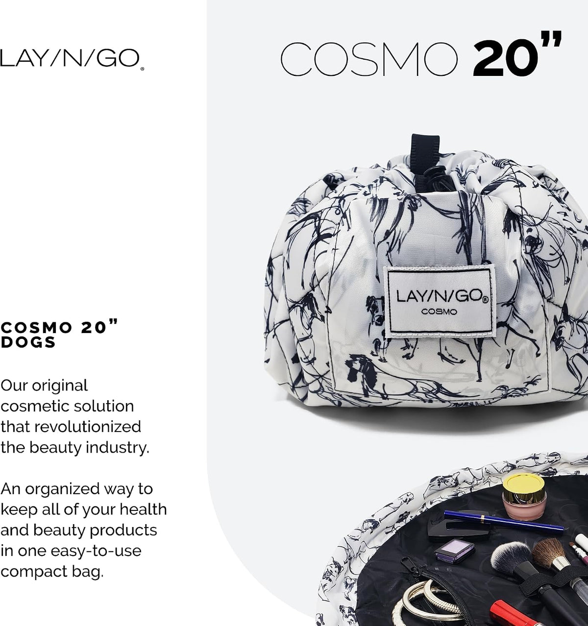 Lay-n-Go Cosmo Layflat Drawstring Cosmetic & Makeup Bag Organizer w/Zipper Pocket, Brush Loops & More, Cinch to Close, Lay Flat to Use, Durable, Machine Wash, Travel Toiletry Bag (20", Dogs)
