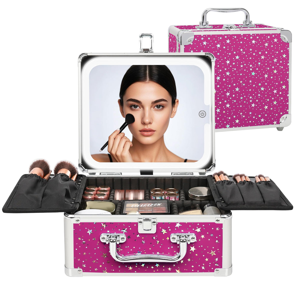 Relavel Makeup Bag with LED Mirror, Makeup Box Travel Train Case with Rechargeable Lighted Mirror & Adjustable Dividers, Cosmetic Brush Organizer Storage for Makeup Artists Gifts for Women and Girls