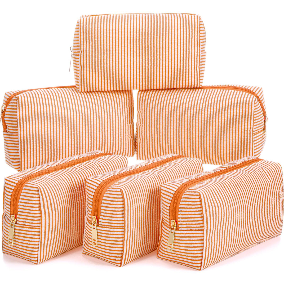 Sanwuta 6 Pcs Seersucker Cosmetic Bags Bulk, Striped Zippered,Khaki