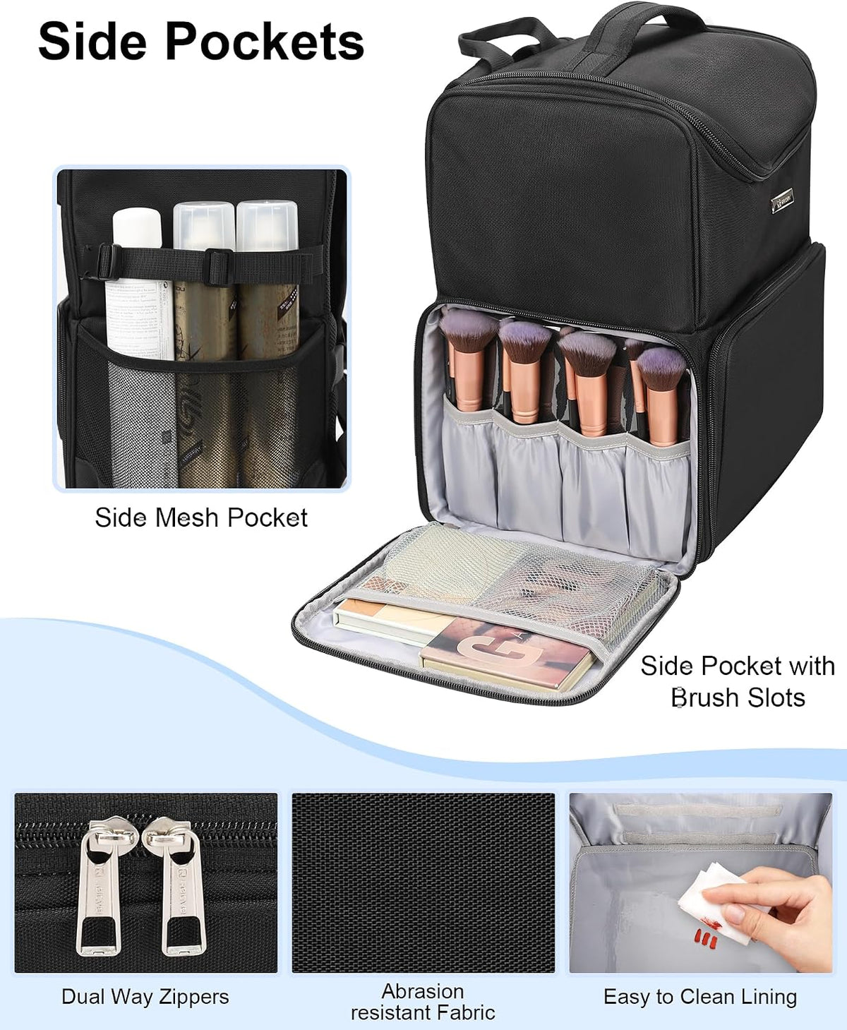 Relavel Makeup Backpack Large Makeup Bag with 3 Clear Set Bags, Dual Layer Professional Cosmetic Organizer Travel Train Case Makeup Artist Kit with Adjustable Dividers & Easy to Clean Lining, Black