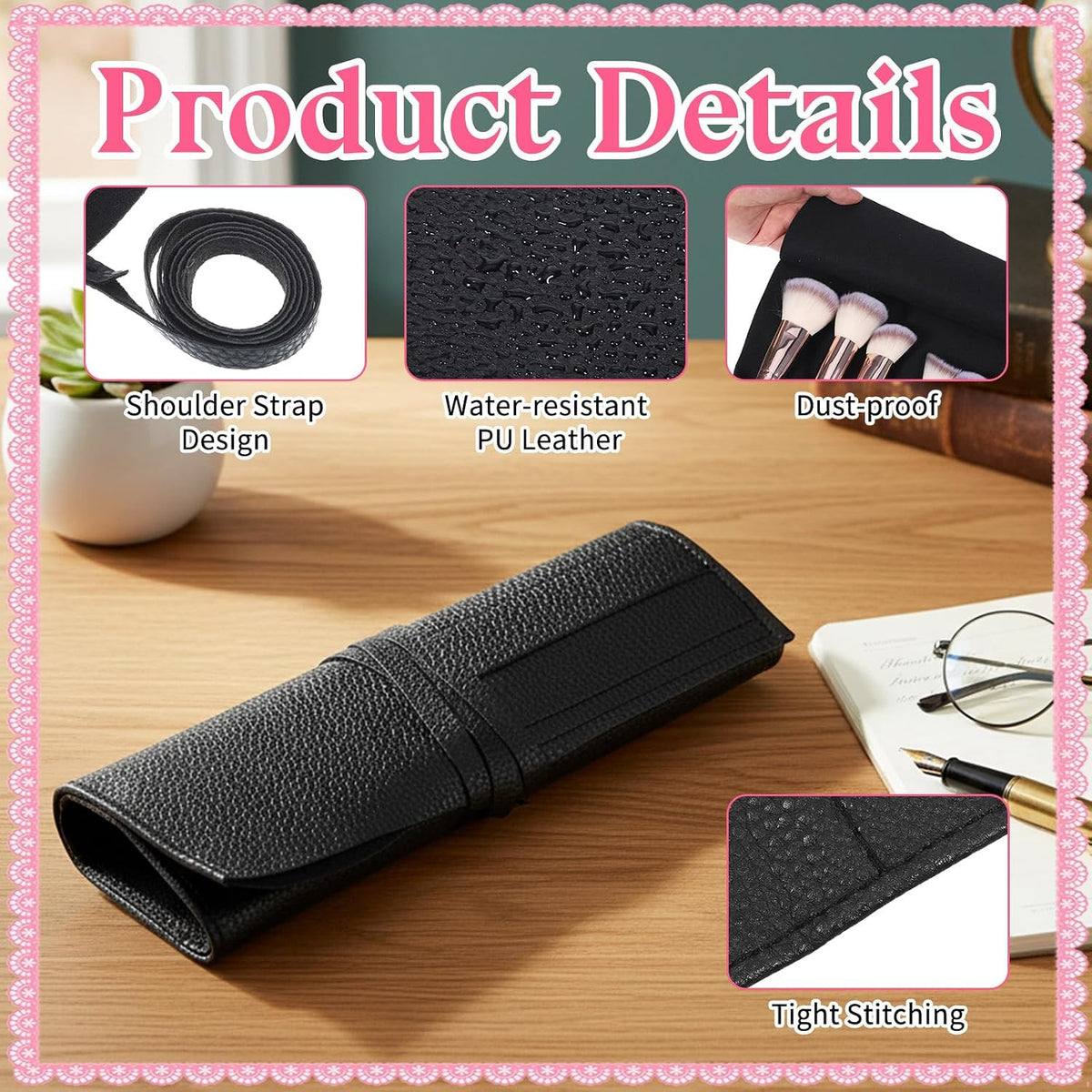 Makeup Brush Holder Travel Makeup Brush Bag Make Up Brushes Roll Organizer with Belt Strap Cosmetic Pouch Case for Women