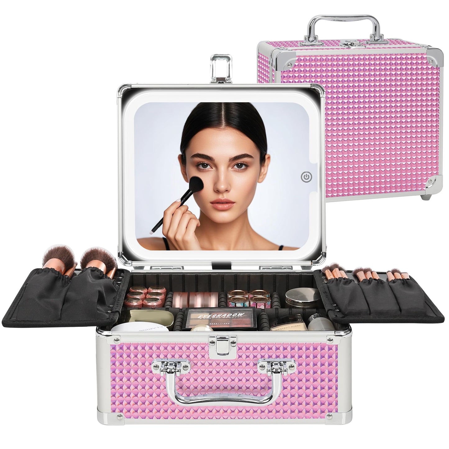 Relavel Makeup Bag with LED Mirror, Makeup Box Travel Train Case with Rechargeable Lighted Mirror & Adjustable Dividers, Cosmetic Brush Organizer Storage for Makeup Artists Gifts for Women and Girls