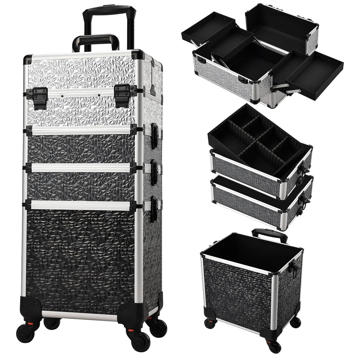Stagiant Rolling Makeup Case Cosmetology Case on Wheels 4 in 1 Large Cosmetic Organizer Train Case Makeup Travel Case with Key Swivel Wheels Nail Artist Salon Storage Traveling Cart Trunk Black
