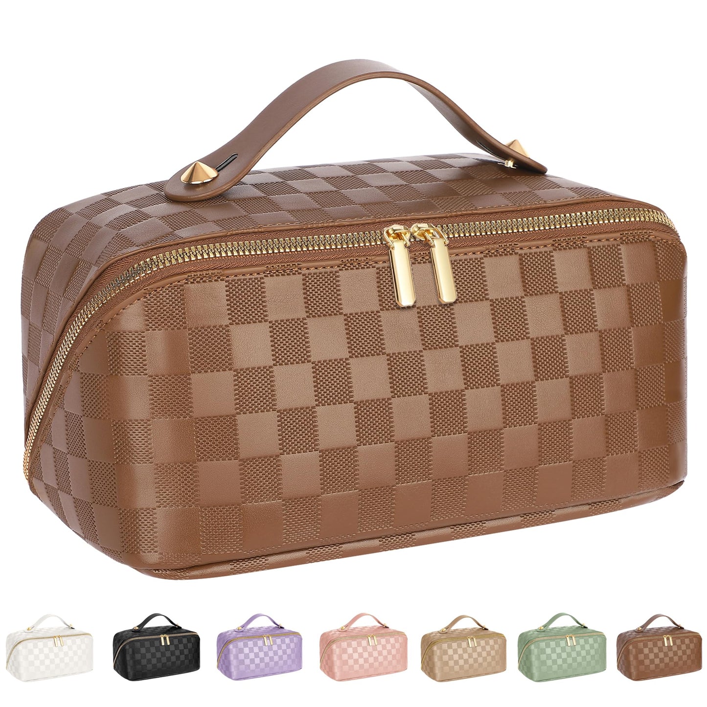 ALEXTINA Travel Makeup Bag, Large Capacity Cosmetic Bag for Women, Open Flat Make up Bag, Waterproof PU Leather Checkered Makeup Organizer Bag with Collapsible Handle,Toiletry Bag for Cosmetics, White