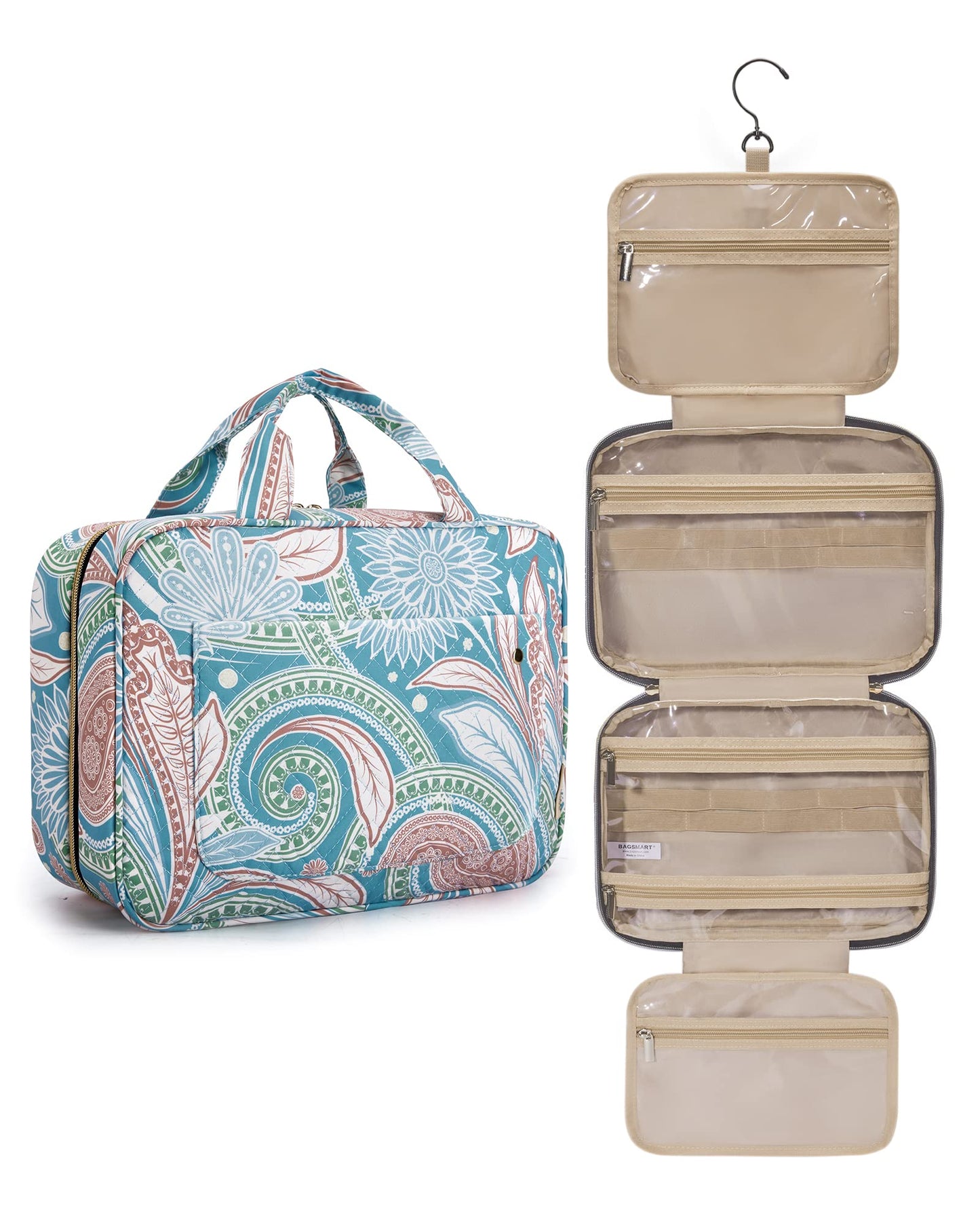BAGSMART Toiletry Bag Travel Bag with Hanging Hook, Water-resistant Makeup Cosmetic Bag Travel Organizer for Accessories, Shampoo, Full-size Container, Toiletries (Baby Pink, Medium)