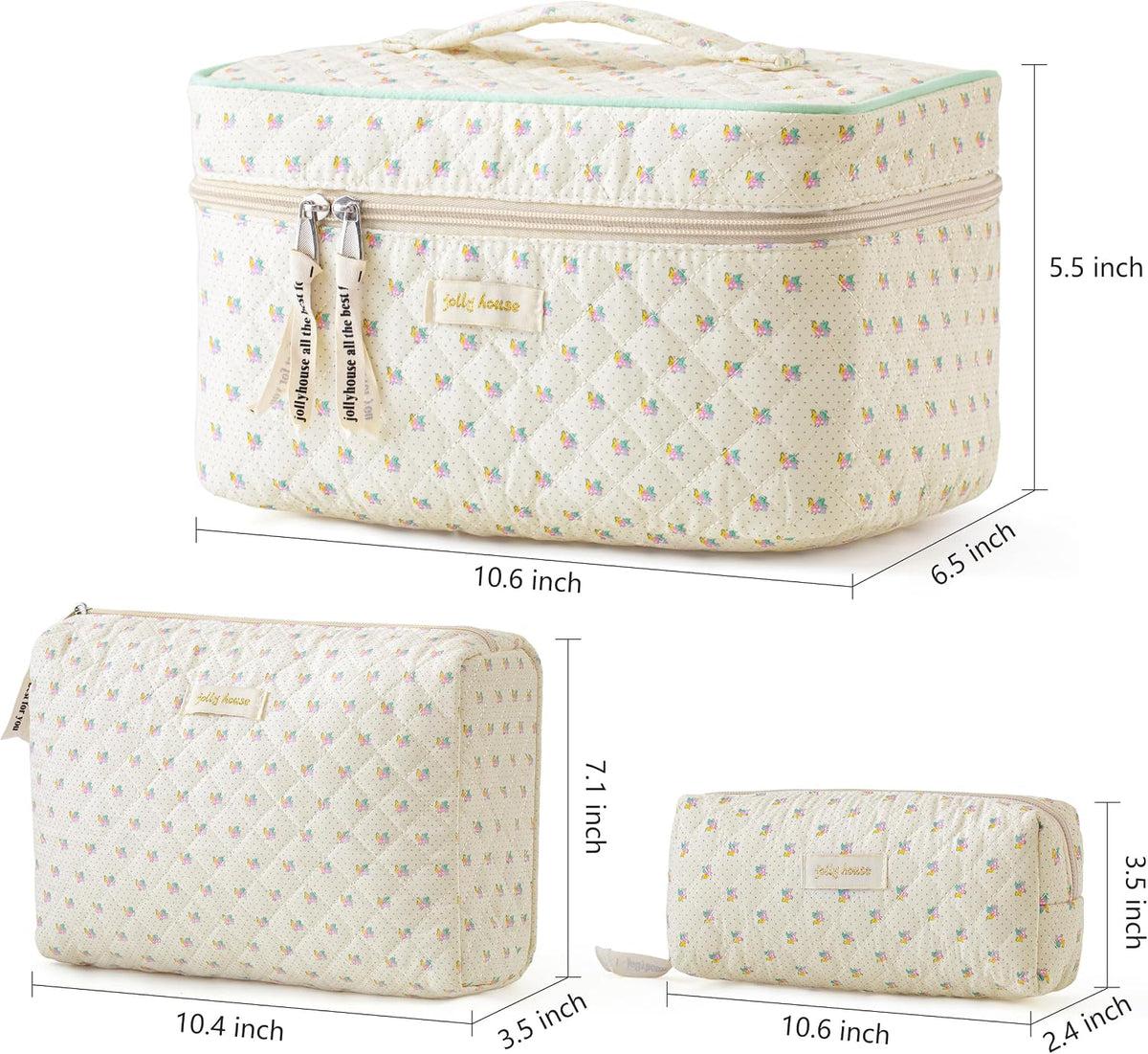 HBselect Quilted Makeup Bag, 3Pcs Cotton Large Travel Makeup Bags Organizer