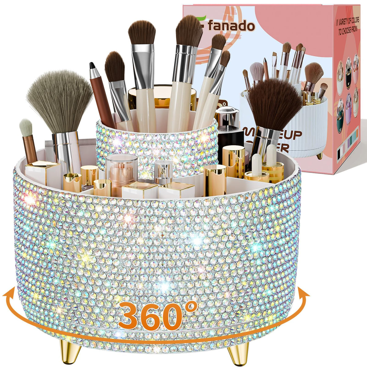 fanado 360° Rotate Makeup Brush Holder Organizer, Makeup Organizers Countertop, Makeup organization and Skincare Storage for Vanity, Desktop, Bathroom (White)