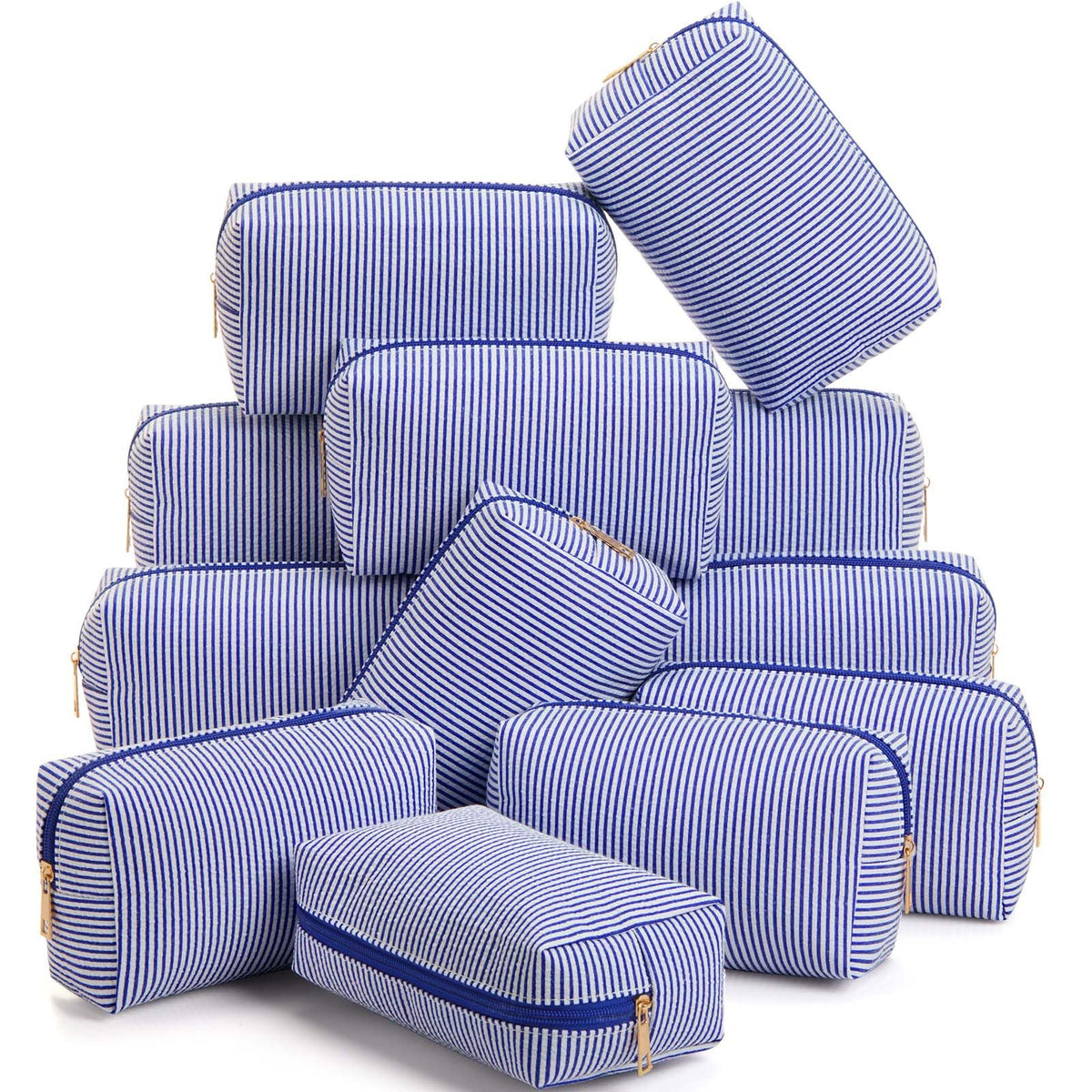 Sanwuta 6 Pcs Seersucker Cosmetic Bags Bulk, Striped Zippered,Khaki