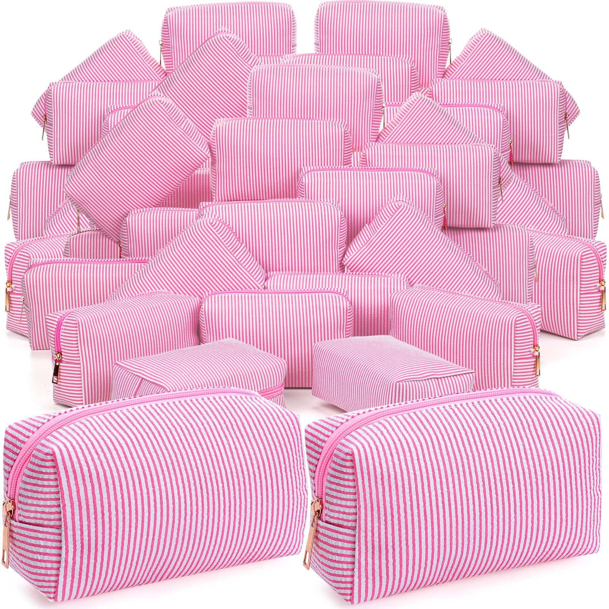 Sanwuta 6 Pcs Seersucker Cosmetic Bags Bulk, Striped Zippered,Khaki