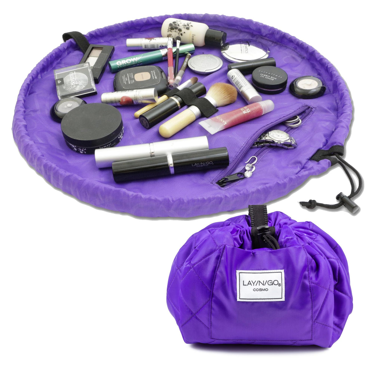 Lay-n-Go Cosmo Layflat Drawstring Cosmetic & Makeup Bag Organizer w/Zipper Pocket, Brush Loops & More, Cinch to Close, Lay Flat to Use, Durable, Machine Wash, Travel Toiletry Bag (20", Dogs)