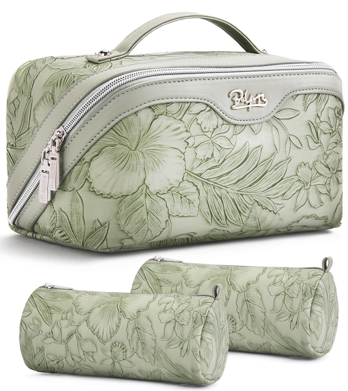 BOYATU Travel Makeup Bags Cosmetic Organizer Bag: Floral Make up Bag | 3 Pcs Set Large Capacity Makeup Bag with Compartments - Waterproof Leather Toiletry Bags with Handle for Women (Blue)