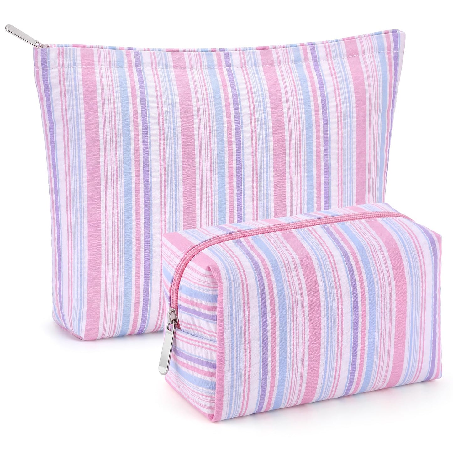 Huhumy 2 Pcs Makeup Bag Set for Women, Khaki, Thin Striped Seersucker