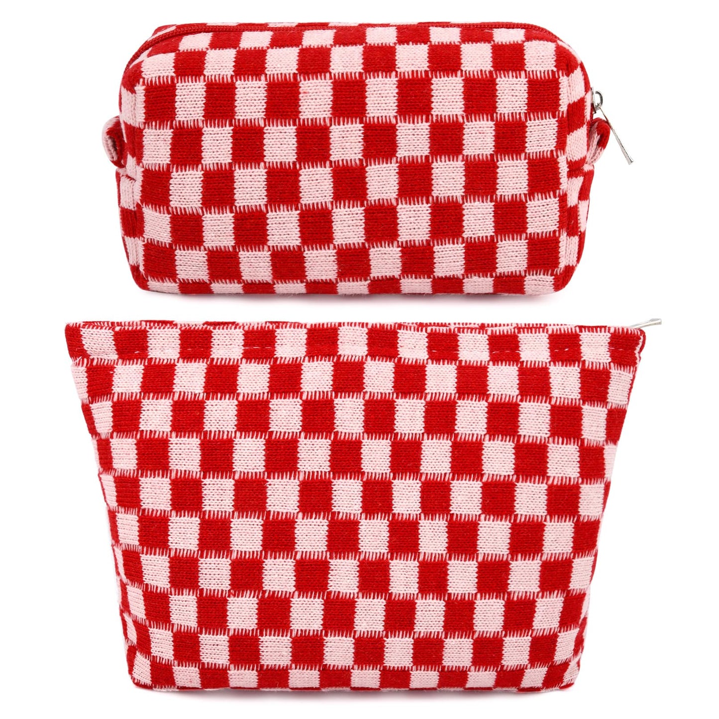 SOIDRAM 2 Pieces Makeup Bag Large Checkered Cosmetic Bag Capacity Canvas Mix Travel Toiletry Bag Organizer Cute Makeup Brushes Aesthetic Accessories Storage Bag for Women, Checkered Mix Rose Red