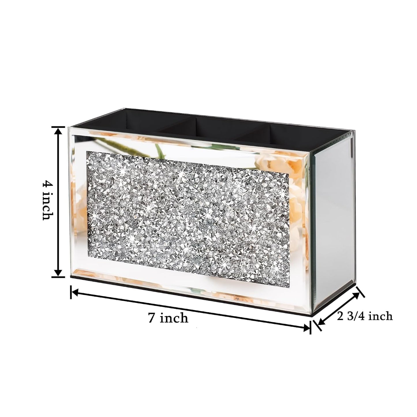 SHYFOY Mirrored Makeup Brush Holder Organizer with Crushed Diamond, 3 Slots