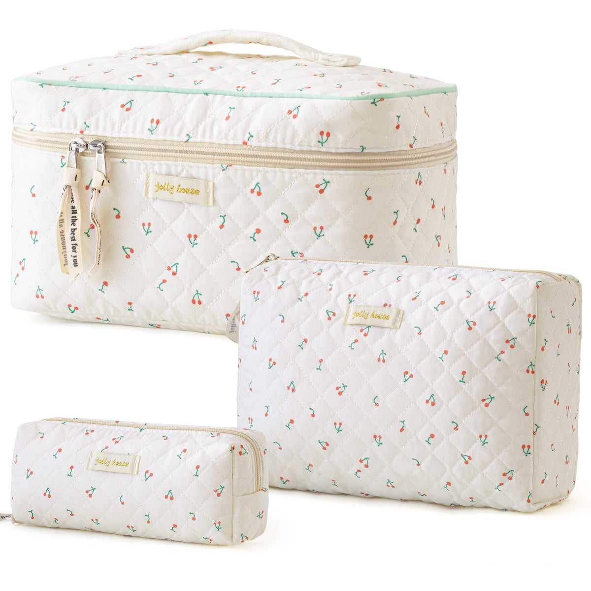 HBselect Quilted Makeup Bag, 3Pcs Cotton Large Travel Makeup Bags Organizer