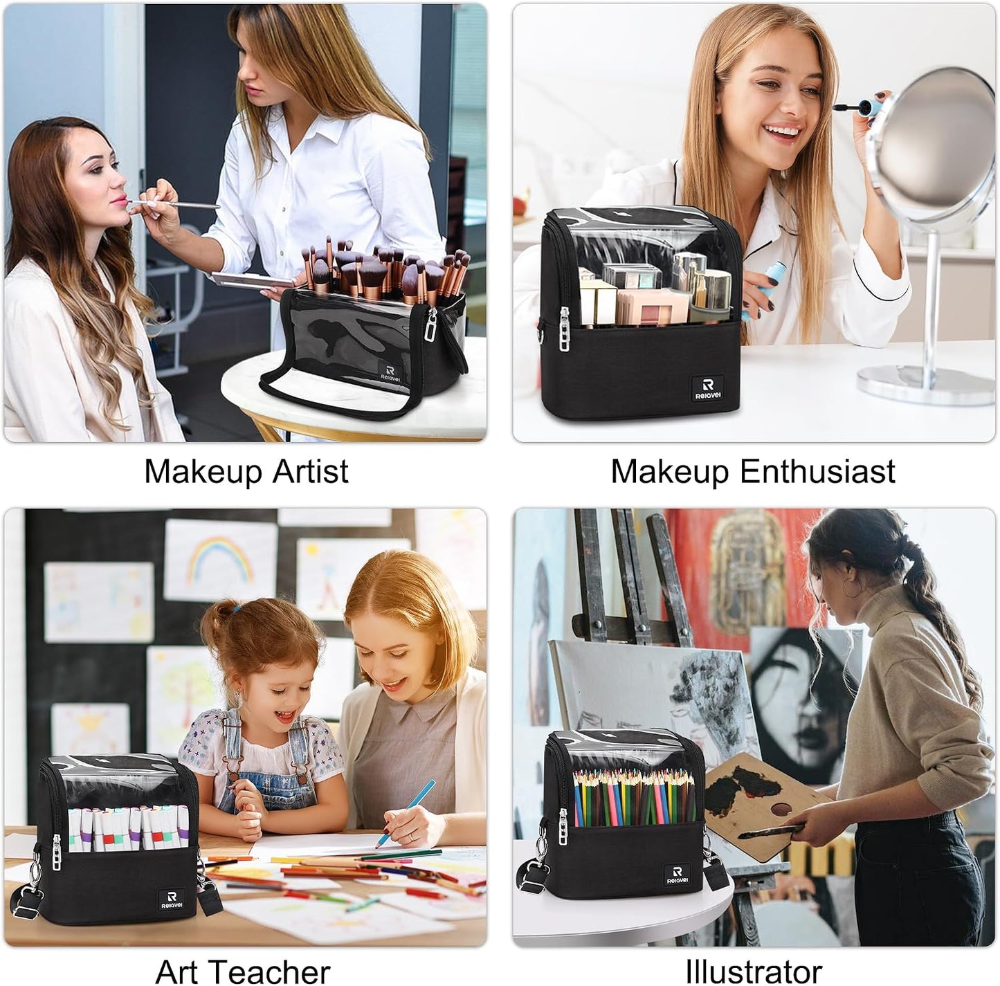 Makeup Brush Bag, Stand-up Makeup Brush Holder with Adjustable Divider