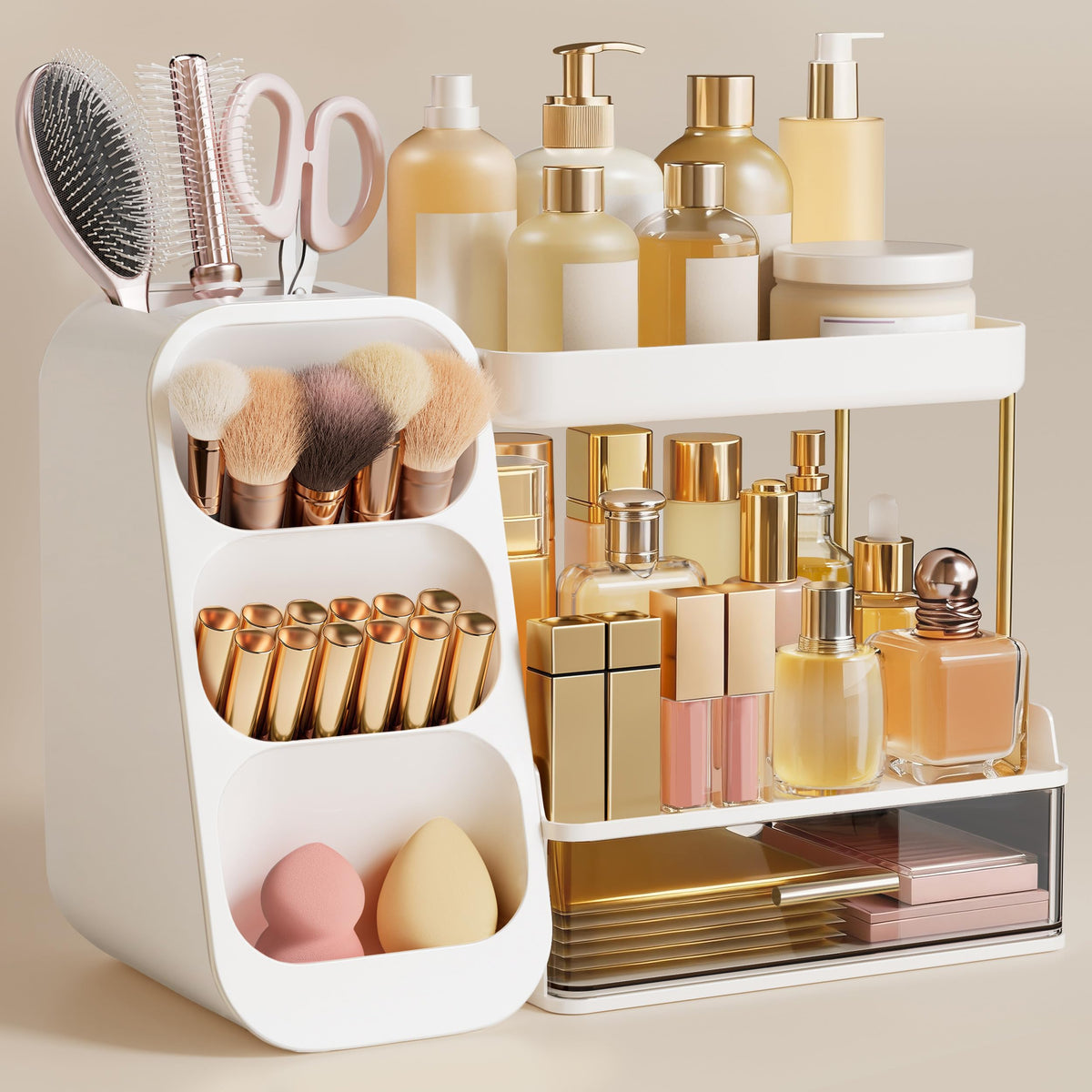 HBlife Makeup Organizer with Brush Holder for Vanity, Large Plastic Bathroom Countertop Organizer Skin Care Storage, Easy to Store Lipsticks, Nail Polishes, Perfumes, Eyeshadow Palettes, All White