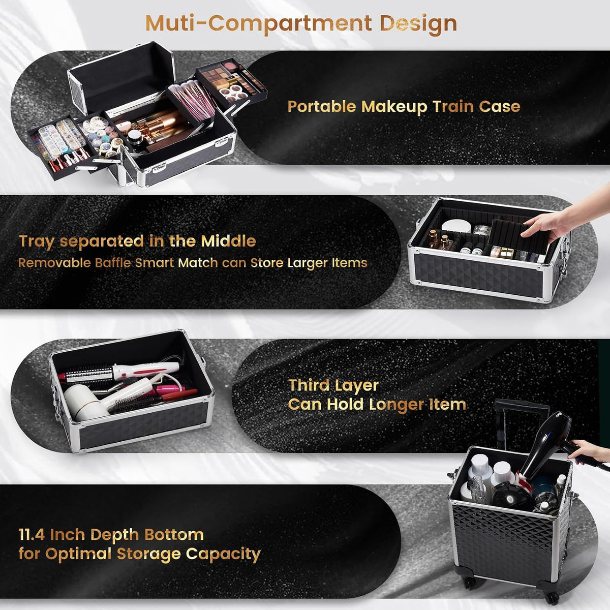 Stagiant Rolling Makeup Case Cosmetology Case on Wheels 4 in 1 Large Cosmetic Organizer Train Case Makeup Travel Case with Key Swivel Wheels Nail Artist Salon Storage Traveling Cart Trunk Black
