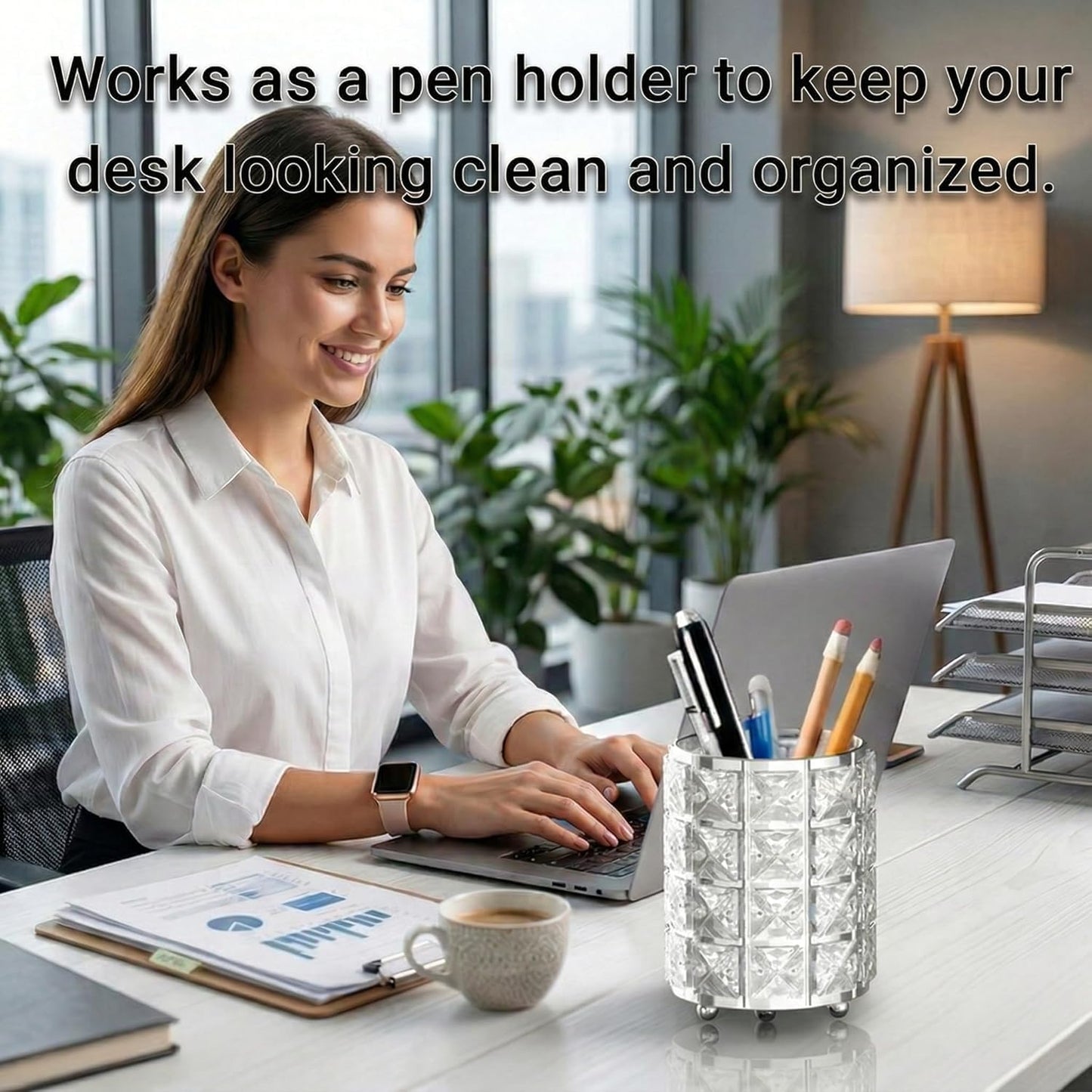 LUGUNU Makeup Brush Holder with Silver Crystal Bling – Elegant Vanity Organizer for Brushes, Pens & Pencils, Ideal for Bathroom or Office Countertop(1Pack)
