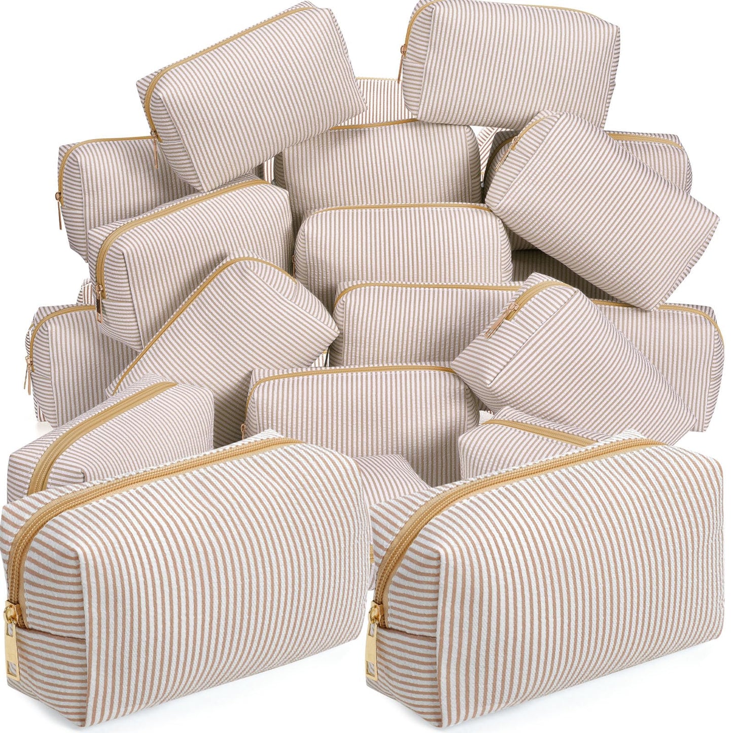 Sanwuta 6 Pcs Seersucker Cosmetic Bags Bulk, Striped Zippered,Khaki
