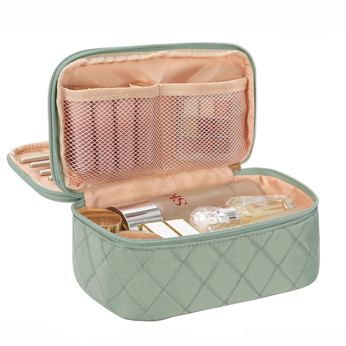 Relavel Travel Makeup Bag, Small Floral Cosmetic Bag with Makeup Brush Compartment, Portable Makeup Pouch for Women, Double Layer Makeup Organizer Bag Cute Toiletry Bag