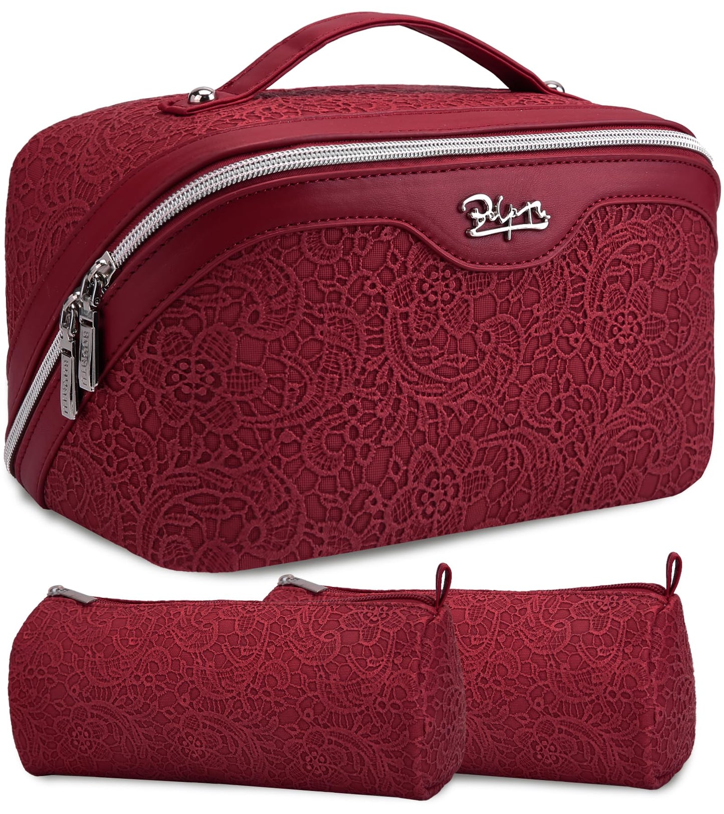 BOYATU Travel Makeup Bags Cosmetic Organizer Bag: Floral Make up Bag | 3 Pcs Set Large Capacity Makeup Bag with Compartments - Waterproof Leather Toiletry Bags with Handle for Women (Blue)